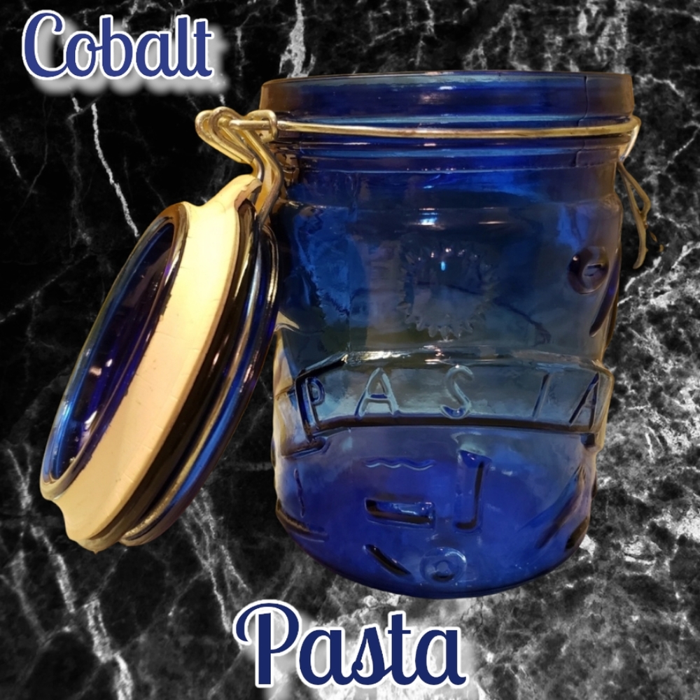 Vtg Cobalt Blue Hinged Sealing Lid Canister PASTA